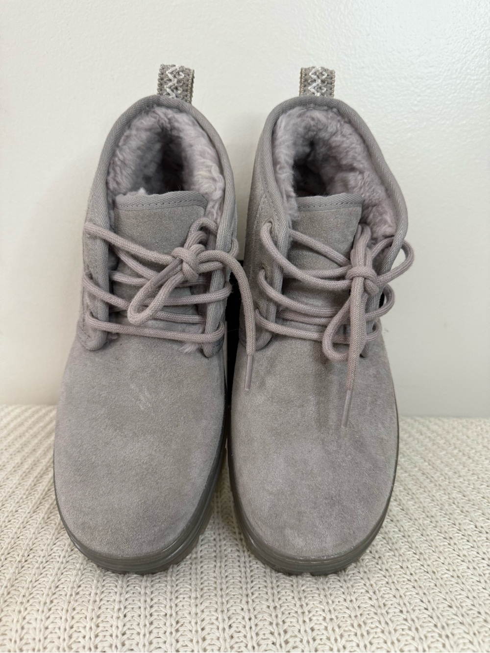 UGG Neumel Cozy Grey Suede Lace-Up Ankle Boots in size 8